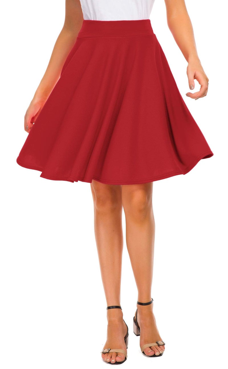 EXCHIC Women's Casual Stretchy Flared Midi Skater Skirts Basic A-Line Pleated Midi Skirt (XL, Red) - Image 1